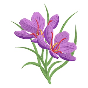 May include: Embroidered image of two purple saffron flowers with red stigmas and yellow anthers. The flowers are surrounded by green leaves and stems, all on a white background. The embroidery style gives a textured appearance.
