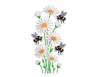 May include: An embroidered design featuring a vertical arrangement of white daisies with yellow centers and green stems. Three bumblebees with black and yellow stripes are flying around the flowers. The background is plain white.