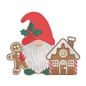 May include: A Christmas-themed embroidery design featuring a gnome wearing a red hat with holly, a gingerbread man, and a gingerbread house. The gnome has a long white beard and green shoes. The gingerbread house has white icing and red and white striped accents.
