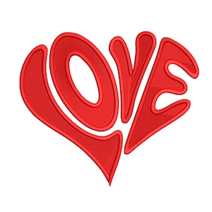 May include: A red embroidered heart design with the word "LOVE" stitched inside. The embroidery has a textured finish, with the letters and heart outlined in a thicker stitch. The design is set against a white background.