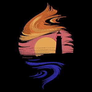 May include: Embroidered design of a lighthouse silhouetted against a sunset. The sun is a warm yellow-orange, with pink and orange clouds above. Blue waves are at the bottom, all on a black background.