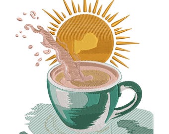 Disegno da ricamo con schizzi di caffè – Tazza del mattino con disegno della macchina per l'alba
