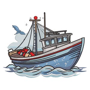 Puede incluir: Ilustración bordada de un barco de pesca azul navegando sobre olas azules, con un salvavidas rojo y blanco, una gaviota y una luz roja en la parte superior del mástil. El barco tiene una cabina blanca y un borde rojo.