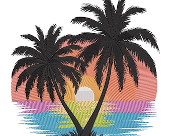 May include: Embroidered design of two black palm trees against a sunset. The sunset features shades of orange, pink, and yellow, with a white sun. The water below is a mix of blue, green, and purple.