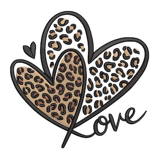 Könnte beinhalten: Gesticktes Design mit drei Herzen und dem Wort "Liebe". Die Herzen haben einen schwarzen Umriss und sind mit einem braunen und schwarzen Leopardenmuster gefüllt. Ein kleines schwarzes Herz befindet sich über dem linken Herzen.
