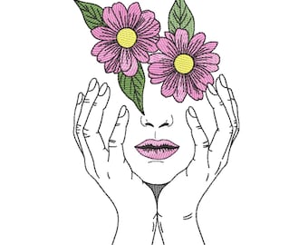 Floral Face Line Art – Pink Daisy Girl Embroidery