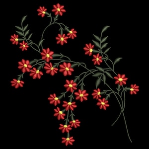 Pode incluir: Design floral bordado com flores vermelhas com centros amarelos e folhas verdes sobre fundo preto. As flores estão agrupadas ao longo de caules curvos, criando um padrão delicado e detalhado.