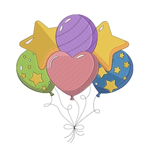 May include: A colorful illustration of a bouquet of balloons. The balloons are in the shape of a heart, stars, and circles. The heart balloon is pink, the star balloons are yellow, and the circle balloons are green, purple, and blue. The balloons are tied together with strings.