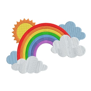 May include: An embroidered patch featuring a vibrant rainbow with red, orange, yellow, green, blue, and purple bands. A yellow sun with orange rays sits behind the rainbow, accompanied by several light blue and white clouds surrounding the base.