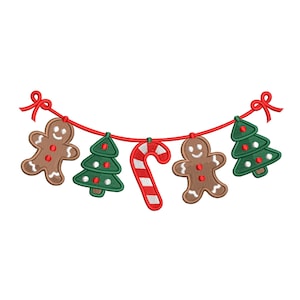 May include: An embroidered Christmas garland with gingerbread men, Christmas trees, and a candy cane. The garland is strung on a red ribbon with red bows. The gingerbread men are brown, the trees are green, and the candy cane is red and white.