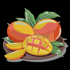 May include: An embroidered design of ripe mangoes, featuring a whole mango, a sliced mango, and mango slices on a plate, with green leaves. The mangoes are in shades of yellow, orange, and red.