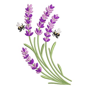 May include: An embroidered design featuring lavender sprigs with purple and pink flowers, green stems, and two bees. The bees have black and yellow striped bodies and white wings. The design is on a white background.