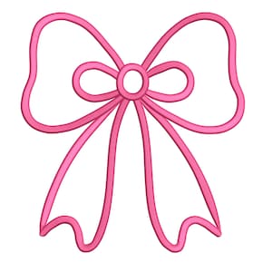 以下が含まれることがあります： テクスチャのあるアウトラインのピンク色のリボンイラスト。リボンは、両側に2つのループと長い流れるようなテールを備えた対称的なデザインが特徴です。リボンの中心には円形のノットディテールがあり、すべて白い背景に設定されています。