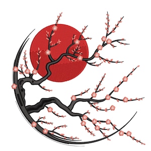 May include: An embroidered design featuring a black tree branch with pink blossoms, set against a red circle resembling the sun. The design is set on a white background, creating a striking contrast. The tree branches curve around the red sun.
