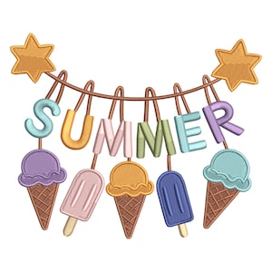 May include: A vibrant summer design with the word "SUMMER" in pastel letters hanging from a brown string. Below the letters are ice cream cones and ice lollies in various colours, with two gold stars at the top.