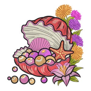 May include: An embroidered design featuring a red seashell with pearls, a starfish, and pink and yellow flowers. The seashell is open, revealing a pink scallop shell and several pearls. The design is on a white background.