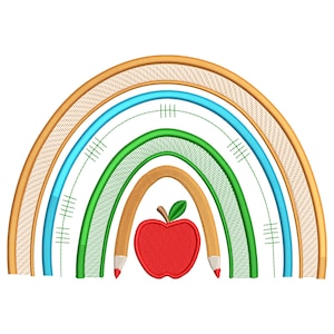 May include: A colorful embroidery design featuring a rainbow with a red apple and two pencils. The rainbow has layers of blue, green, and orange, with a textured gold outer layer. The apple has a green leaf.