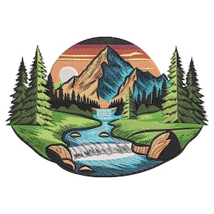 May include: Embroidered patch featuring a mountain landscape with a river, trees, and a sunset. The design includes a waterfall, a full moon, and detailed stitching in shades of green, blue, orange, and brown.