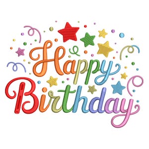 May include: A colorful embroidered design with the words "Happy Birthday" in a rainbow of colors. The design includes stars and confetti in various colors, perfect for birthday celebrations.
