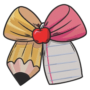 Back to School Bow Embroidery Design, Pencil and Apple Machine Embroidery design, Notebook Ribbon embroidery file