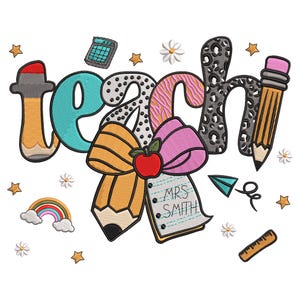 Teach Embroidery Design – Back to School Pencil and Apple Machine Embroidery File for Teachers