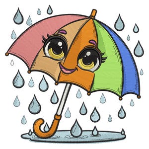 Puede incluir: Un paraguas de dibujos animados colorido con una cara sonriente, rodeado de gotas de lluvia. El paraguas presenta segmentos rosas, beige, naranjas, verdes y azules. Las gotas de lluvia son azules y el paraguas está sobre un charco.