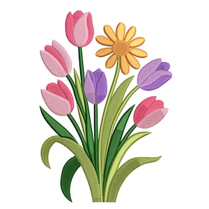 May include: Embroidered floral design featuring pink and purple tulips, a yellow daisy, and green leaves. The flowers are arranged in a bouquet, with detailed stitching creating a textured appearance. The design is set against a white background.