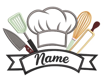 Personalized Chef Name Banner Embroidery Design – Chef Hat & Kitchen Tools Monogram File