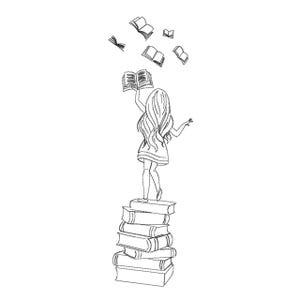 May include: A black and white line art illustration featuring a figure with long hair standing atop a tall stack of books. The figure reaches upward with one hand toward several smaller books that appear to be floating in the air above them.