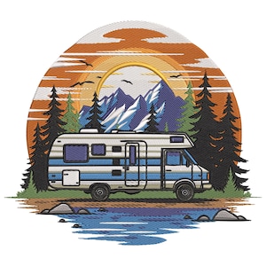 May include: An embroidered design of a campervan with blue stripes, set against a backdrop of mountains, pine trees, and a sunset. The scene includes a lake and birds in flight, creating a scenic view.