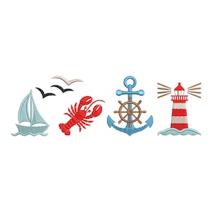 May include: Embroidered nautical-themed designs on a white background. Includes a sailboat, seagulls, a red lobster, a blue anchor with a ship's wheel, and a red and white striped lighthouse. The designs are in a cartoon style.