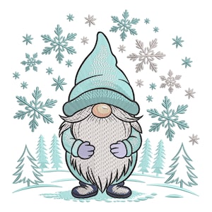 May include: An embroidered winter gnome with a light blue hat, coat, and gloves, a long white beard, and a peach-colored nose. The gnome is surrounded by snowflakes and pine trees, all on a white background.