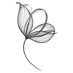 Könnte beinhalten: Ein schwarz-weißes florales Liniendesign. Das Bild zeigt eine stilisierte Blume mit geschwungenen Blütenblättern und einem schlanken Stiel. Die Blütenblätter sind mit parallelen Linien gefüllt, wodurch ein texturierter Effekt vor dem weißen Hintergrund entsteht. Das Design ist elegant und minimalistisch.