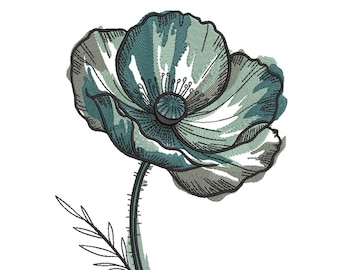 Teal Poppy Flower – Watercolor Embroidery Design