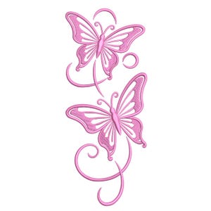 May include: Two pink embroidered butterflies with detailed wing patterns and curved lines. The butterflies are arranged vertically, with one above the other, and are set against a white background. The design has a delicate, feminine aesthetic.