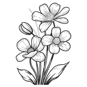 May include: Black and white line art illustration of a floral bouquet. The bouquet features several open flowers, a closed bud, leaves, and stems. The flowers have detailed petals and textured centers, all rendered in a pen and ink style.