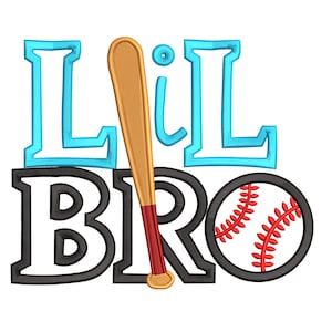 May include: A graphic design featuring the text "Lil Bro" in black and blue, with a baseball bat and baseball. The baseball bat is tan with a red handle. The baseball is white with red stitching.