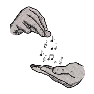 Könnte beinhalten: Ein gesticktes Design mit zwei Händen aus grauem Garn mit schwarzen Umrissen. Die obere Hand ist so positioniert, als würde sie etwas streuen, während die untere Hand geöffnet ist. Zwischen den Händen befinden sich kleine schwarze Musiknoten.