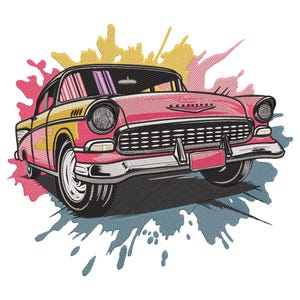 Retro Classic Car Embroidery Design, Vintage Ride with Color Splash Machine Embroidery File,