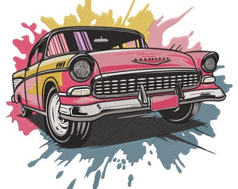 Retro Classic Car Embroidery Design, Vintage Ride with Color Splash Machine Embroidery File,