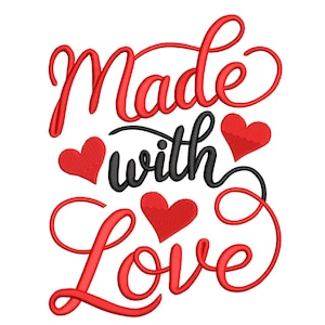 Puede incluir: Un diseño con las palabras "Made with Love" en escritura roja y negra. Las palabras "Made" y "Love" están en una escritura roja fluida, con tres corazones rojos y la palabra "with" en escritura negra.