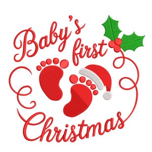 May include: A red embroidered design with the words "Baby's first Christmas" in a cursive font. The design includes two red footprints, a Santa hat, and holly with red berries. The image is on a white background.