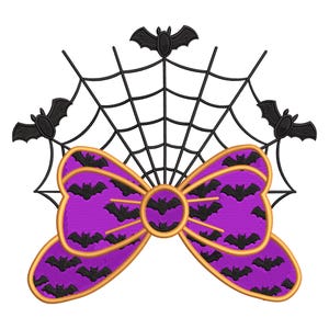 May include: A Halloween-themed design featuring a purple bow with black bat patterns and gold trim, set against a black spiderweb and adorned with three black bat silhouettes. The design is perfect for spooky crafts.