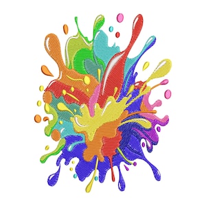 May include: A colorful embroidered design featuring a splash of vibrant colors. The design includes shades of orange, yellow, green, blue, red, and purple. The embroidery has a textured appearance, with each color having a distinct pattern.