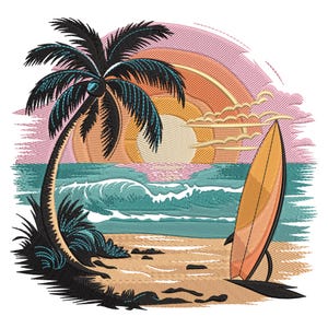 Tropical Beach Sunset Embroidery Design – Surfboard, Palm Tree & Ocean Waves Machine Embroidery File