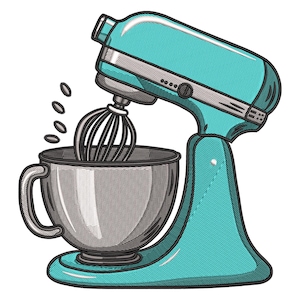Puede incluir: Una batidora de pie turquesa con un cuenco y un batidor de varillas plateados. La batidora tiene un diseño retro con una banda y un panel de control plateados. Varias formas ovaladas flotan sobre el cuenco.