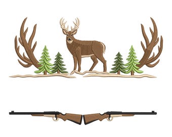 Deer Hunting Embroidery Design: Antlers, Rifle, Forest (Multiple Formats)