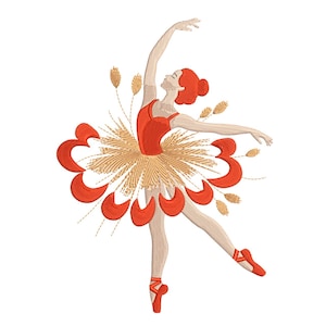 Peut inclure: Image brodée d'une ballerine dans une pose gracieuse. La danseuse porte un justaucorps et des pointes rouges. Ses cheveux sont coiffés en chignon. Le tutu est un mélange d'or et de rouge, avec un motif floral. Le fond est blanc.