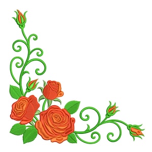 Op de afbeelding: Geborduurd bloemenhoekontwerp met oranje rozen, groene bladeren en krullende ranken. Het ontwerp bevat open rozen, knoppen en gedetailleerde steken, ideaal voor knutselwerk.