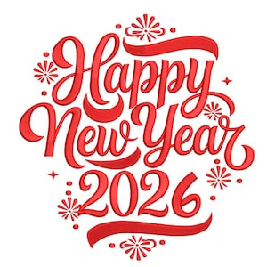 May include: Red embroidered design on a white background. The text reads "Happy New Year 2026" in a decorative script font, with star and snowflake accents. A festive and celebratory design.
